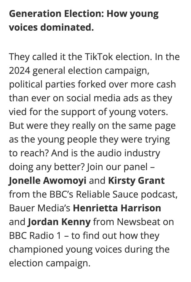 Thomas Copeland (@thomasdcopeland) on Twitter photo If you're at the <a href="/radioacademy/">The Radio Academy</a> #RADFest24 today, come by the Impact Stage at 11:30 for
🗳️Generational Election🗳️
ft. <a href="/jordken/">Jordan Kenny</a> from <a href="/BBCNewsbeat/">BBC Newsbeat</a>, <a href="/KIRSTYGRNT/">KG</a> & <a href="/JonelleAwomoyi/">Jonelle Awomoyi</a> from Reliable Sauce, and <a href="/hharrison100/">henriettaharrison</a> from <a href="/BauerMediaGroup/">Bauer Media Group</a>
Ty <a href="/chrisnorth94/">Chris North</a> for getting me involved! If you're at the <a href="/radioacademy/">The Radio Academy</a> #RADFest24 today, come by the Impact Stage at 11:30 for
🗳️Generational Election🗳️
ft. <a href="/jordken/">Jordan Kenny</a> from <a href="/BBCNewsbeat/">BBC Newsbeat</a>, <a href="/KIRSTYGRNT/">KG</a> & <a href="/JonelleAwomoyi/">Jonelle Awomoyi</a> from Reliable Sauce, and <a href="/hharrison100/">henriettaharrison</a> from <a href="/BauerMediaGroup/">Bauer Media Group</a>
Ty <a href="/chrisnorth94/">Chris North</a> for getting me involved!