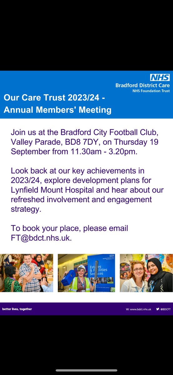 Come join us tomorrow at Bradford City Football Club, to chat with us about all things Estates &amp; Facilities &amp; our key achievements 😀

Learn more about the redevelopment plans for Lynfield Mount Hospital, share your thoughts &amp; ask questions.

<a href="/BDCFT/">BDCFT NHS</a> <a href="/BdcftSustain/">BDCFT_Sustainability</a>  <a href="/BdcftM/">BDCFT Maintenance</a>