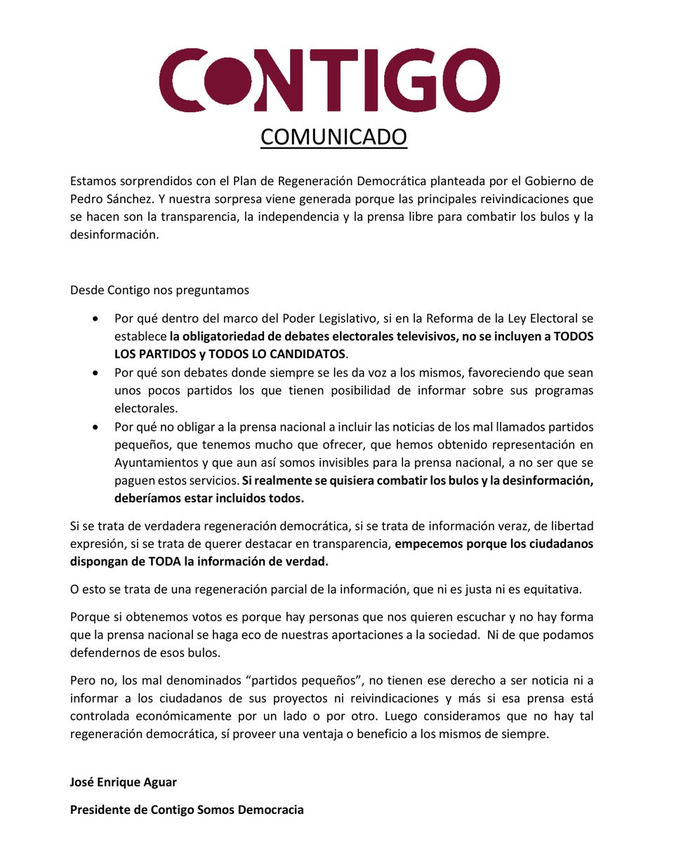 Estamos sorprendidos con el Plan de Regeneración Democrática planteada por <a href="/sanchezcastejon/">Pedro Sánchez</a>  Y nuestra sorpresa viene porque las principales reivindicaciones son la transparencia, la independencia, la prensa libre para combatir los bulos y la desinformación.
Lee el comunicado▶️