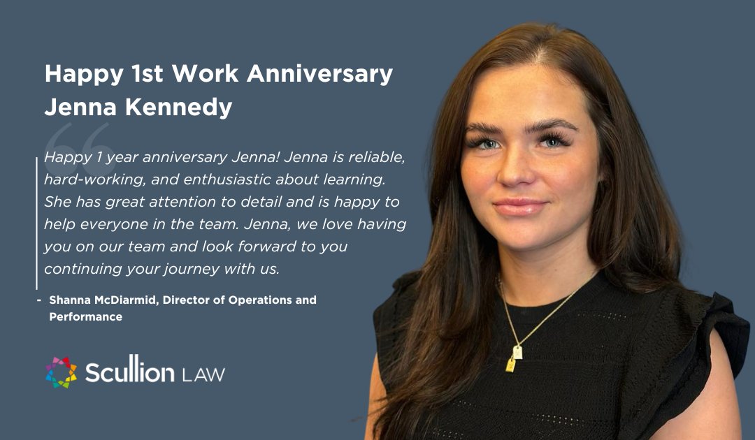 Congratulations, Jenna Kennedy, on marking the 1st of many work anniversaries with us!

#ScullionLAW #TeamScullion #WorkAnniversary