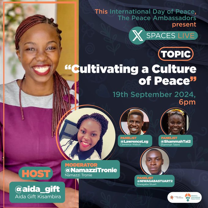 TheWIPCentre's tweet photo. 🌍✨ Celebrating #InternationalDayofPeace the Youth Way!

Our youth peace ambassadors are hosting a 🔥Twitter Space on 'Cultivating a Culture of Peace' &amp; the powerful role youth play in shaping it.
🚨 Tomorrow,  Sept 19th | 6pm EAT!

Set Reminder Now: https://t.co/NmxmohqmV4 https://t.co/y8zYykuKKC