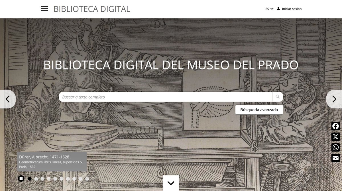 Marte de Velázquez (@martevelazquez) on Twitter photo Nueva Biblioteca Digital del <a href="/museodelprado/">Museo del Prado</a>.
Es el punto de acceso para los fondos antiguos especializados en literatura artística del siglo XV al siglo XX.
Una herramienta que promete ser muy útil para el estudio de la Historia del Arte.
bibliotecadigital.museodelprado.es/pradobib/es/ho… Nueva Biblioteca Digital del <a href="/museodelprado/">Museo del Prado</a>.
Es el punto de acceso para los fondos antiguos especializados en literatura artística del siglo XV al siglo XX.
Una herramienta que promete ser muy útil para el estudio de la Historia del Arte.
bibliotecadigital.museodelprado.es/pradobib/es/ho…