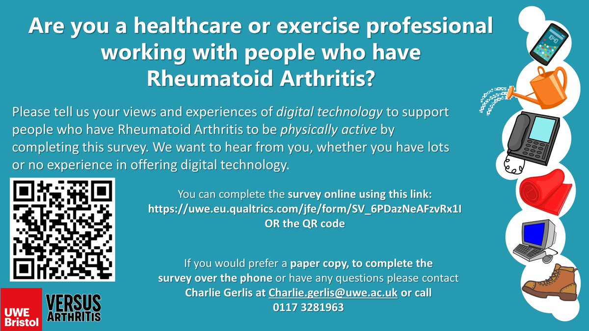 Charlie Gerlis (@charliegerlis) on Twitter photo 👋Hello, professionals working with people who have rheumatoid arthritis, we would like to hear from you 👇
To find out more and take part in the survey online please use this link: uwe.eu.qualtrics.com/jfe/preview/SV…
<a href="/CHCR_UWE/">UWE Health Research</a> <a href="/thecsp/">Chartered Society of Physiotherapy (CSP)</a> <a href="/cimspa/">CIMSPA</a> <a href="/RheumatologyUK/">BSR</a> <a href="/VersusArthritis/">Versus Arthritis</a> 👋Hello, professionals working with people who have rheumatoid arthritis, we would like to hear from you 👇
To find out more and take part in the survey online please use this link: uwe.eu.qualtrics.com/jfe/preview/SV…
<a href="/CHCR_UWE/">UWE Health Research</a> <a href="/thecsp/">Chartered Society of Physiotherapy (CSP)</a> <a href="/cimspa/">CIMSPA</a> <a href="/RheumatologyUK/">BSR</a> <a href="/VersusArthritis/">Versus Arthritis</a>