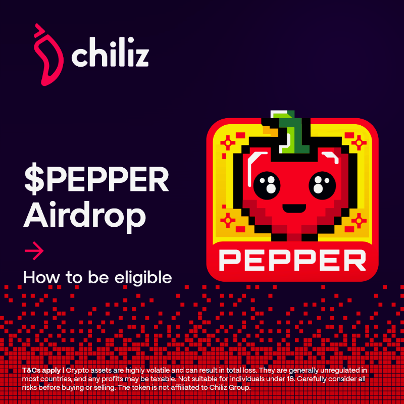 Chiliz's tweet photo. $PEPPER Airdrop 🪂🎁
Here is everything you need to know 👇

📅 September 30th, 12:00 PM CEST
✅ Eligible by holding at least 100 CHZ on Chiliz Chain or staking at least 100 CHZ on https://t.co/YaHsgwm7ze
🌶️  150,000 $PEPPER airdropped for every 1 CHZ hold/staked

🌐 @PepperChain