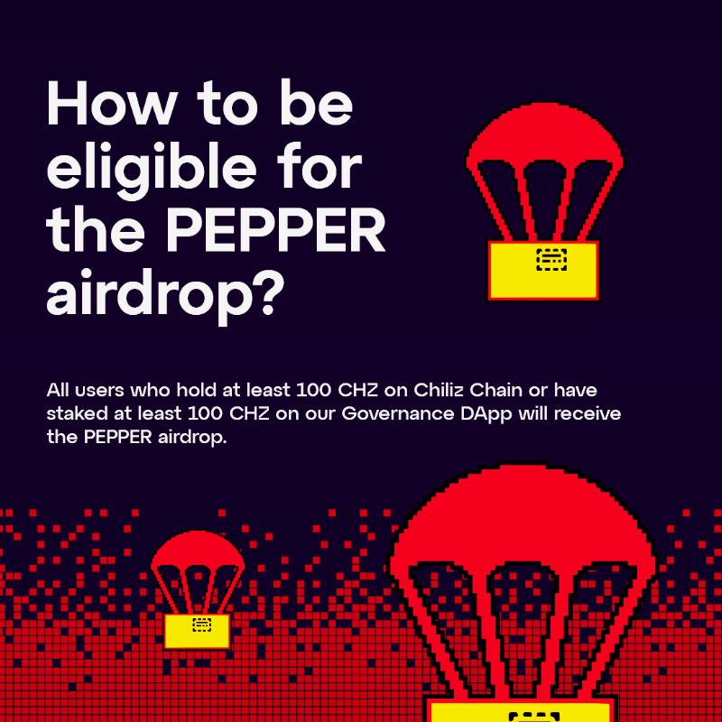 Chiliz's tweet photo. $PEPPER Airdrop 🪂🎁
Here is everything you need to know 👇

📅 September 30th, 12:00 PM CEST
✅ Eligible by holding at least 100 CHZ on Chiliz Chain or staking at least 100 CHZ on https://t.co/YaHsgwm7ze
🌶️  150,000 $PEPPER airdropped for every 1 CHZ hold/staked

🌐 @PepperChain
