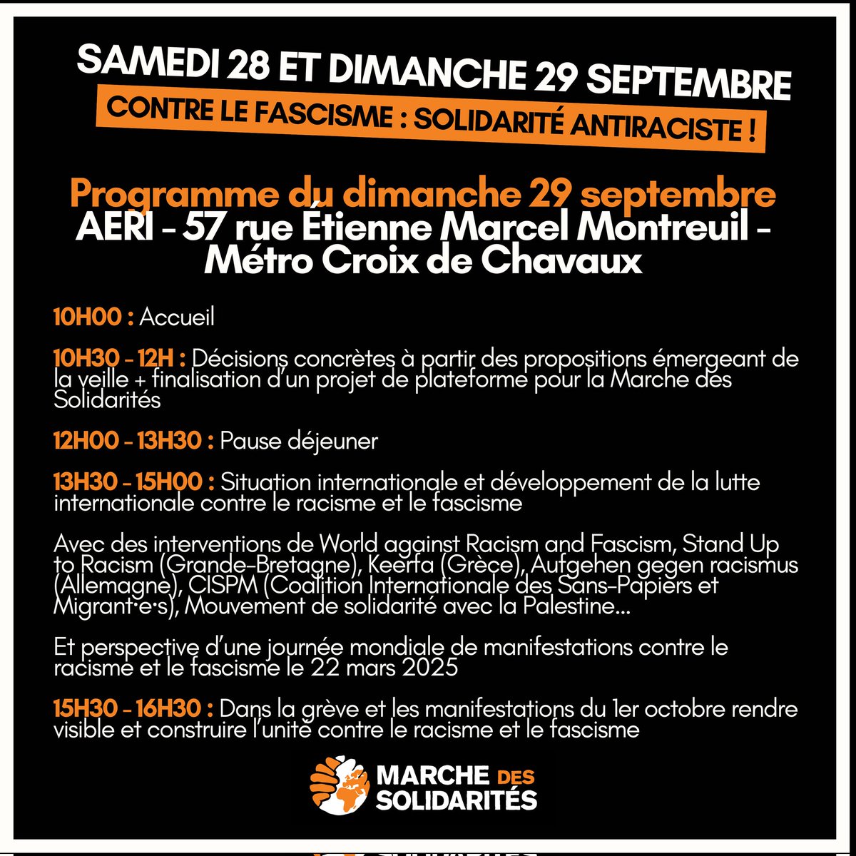 🔴 28 et 29 septembre en région parisienne : 2 jours ouverts à tou·te·s pour échanger sur la situation mais aussi et surtout sur nos modalités d’actions communes et d’organisation localement, nationalement et internationalement. 

🤜 Contre le fascisme, solidarité antiraciste !