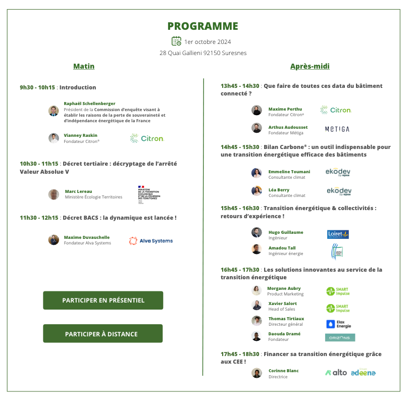 🍋🚨 [PROGRAMME] 3ème édition des Rencontres de la Transition Énergétique des Bâtiments  en présentiel et distanciel ! Une journée dédiée aux innovations et aux réglementations, réunissant des acteurs clés !💡
Inscrivez-vous : contact.citron.io/rencontres-tra…