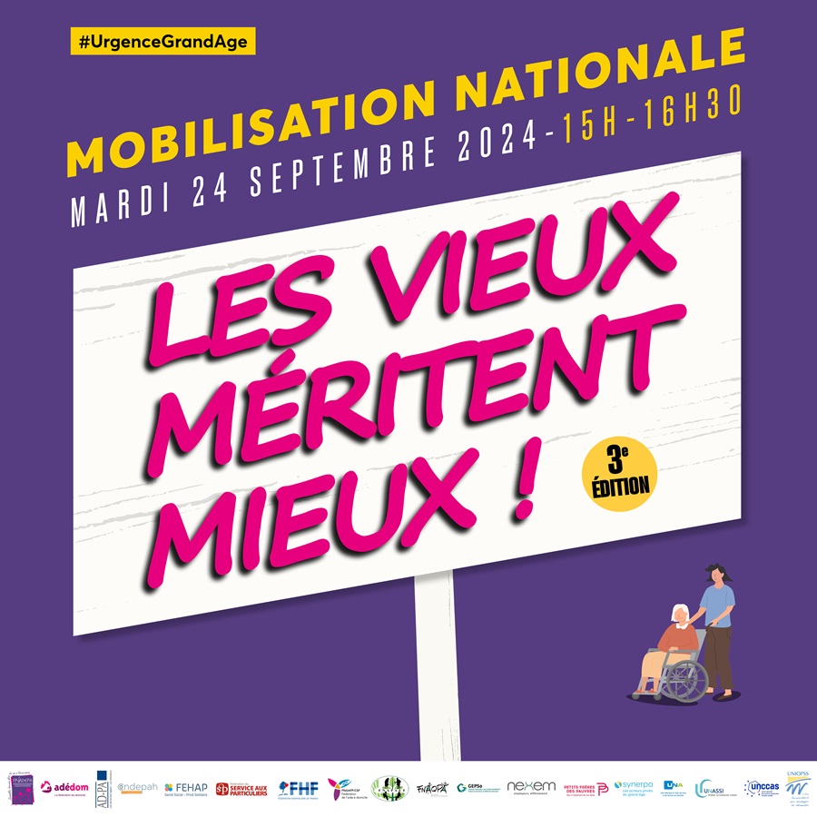📢 #UrgenceGrandAge: RDV mardi 24/09 à la mobilisation nationale "Les Vieux méritent mieux !" pour une loi #grandAge &amp; + de moyens. #Personnesâgées, professionnels, famille…Tous peuvent participer! On compte sur vous!
➡️ bit.ly/InfosMobilisat….