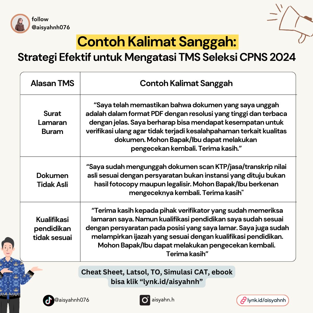 aisyahnh076's tweet photo. 📌Contoh Kalimat Sanggah CPNS 2024
belum lolos seleksi adminstrasi? tenang masih ada masa sanggah gais!

🔗Cheat Sheet dan FR CPNS: https://t.co/ylXPantqj9