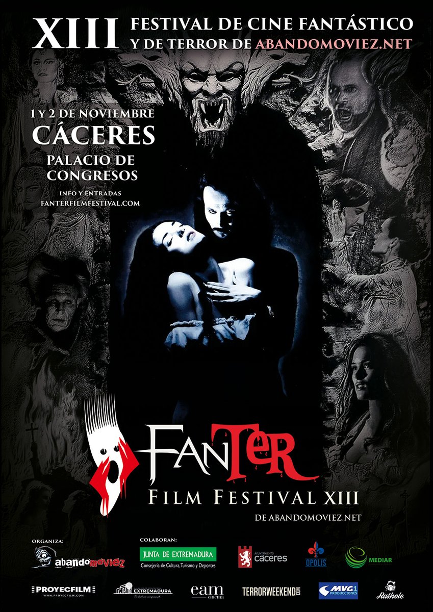 FanterFF's tweet photo. ¡El cartel oficial del Fanter Film Festival XIII está aquí! 🧛‍♂️ Este año volvemos con el mejor cine de terror. Nos vemos el 1 y 2 de noviembre en Cáceres. ¿Estás preparado para lo que viene? 🎬 #Fanter2024 #CineDeTerror #FilmFestival @Junta_Ex @FilmotecaEx https://t.co/CjPNMIguQA