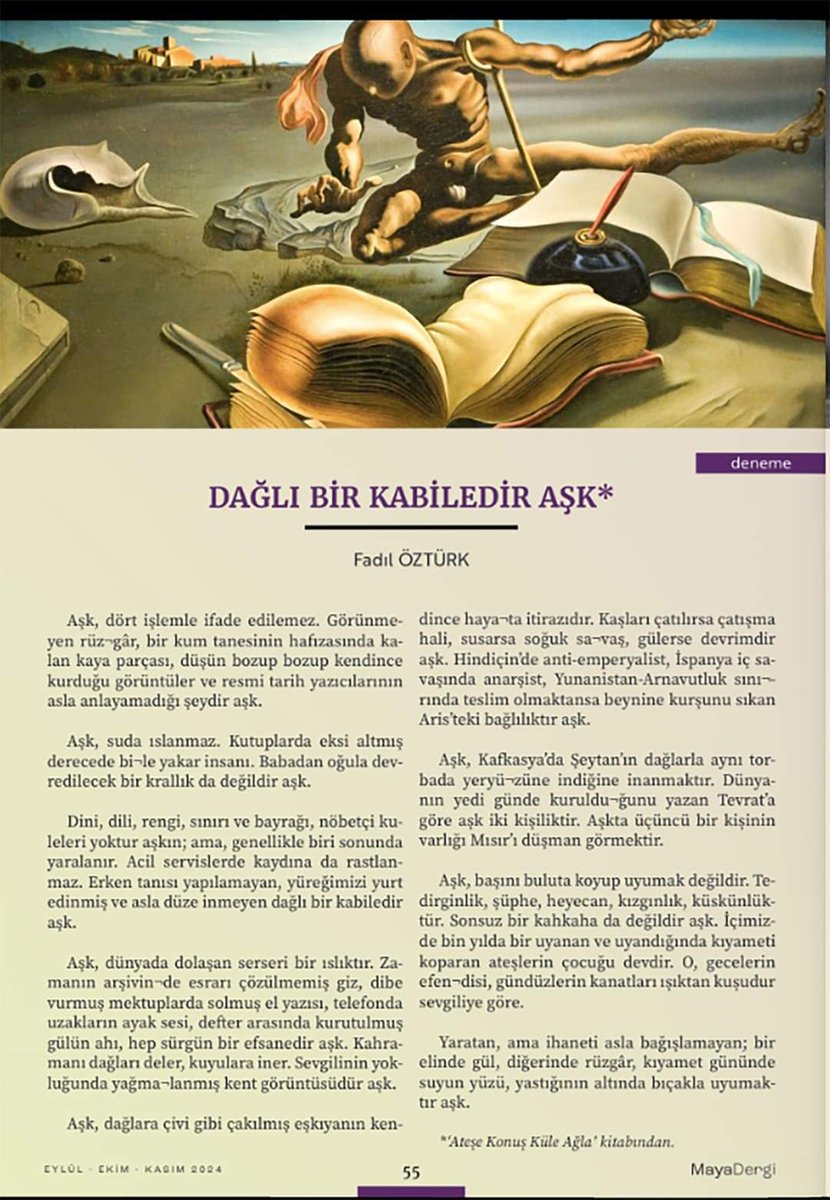 "...aşk, dağlara çivi gibi çakılmış eşkıyanın kendince hayata itirazdır; kaşları çatılırsa çatışma hali, susarsa soğuk savaş, gülerse devrimdir aşk.
yüreğimizi yurt edinmiş asla düze inmeyen dağlı bir kabiledir aşk..."

fadıl öztürk

#mayadergi
<a href="/mayakltr/">MayaKültür</a>