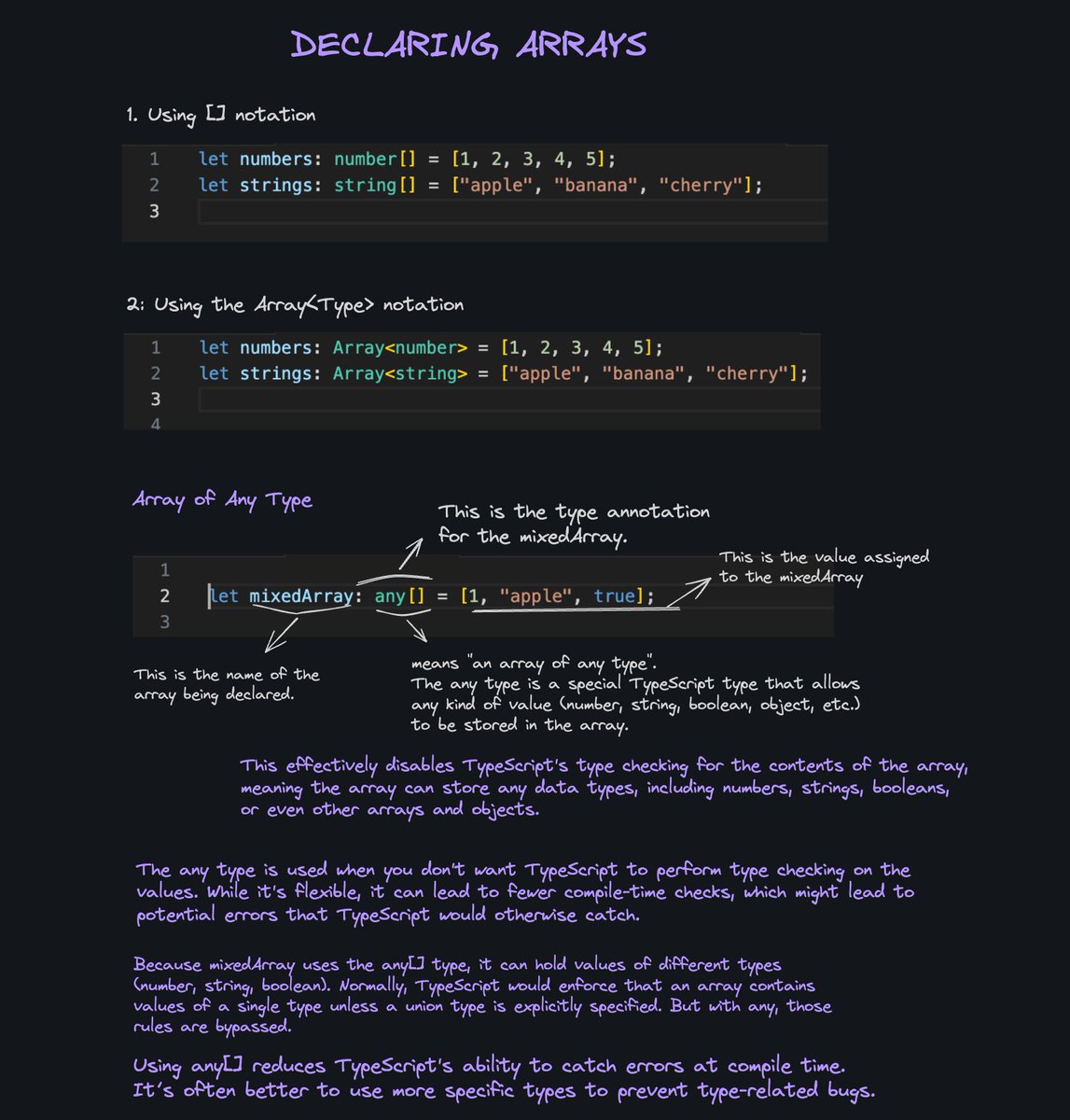 ainasanghi's tweet image. Arrays in TypeScript:
An array is a data structure that allows you to store multiple values (elements) of the same or different types in a single variable.
Arrays are a collection of values indexed by numbers, starting from 0.
TypeScript provides support for arrays just like…