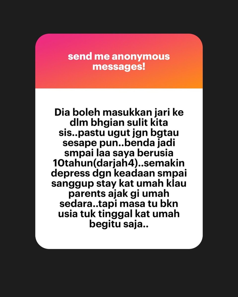UyainaArshad's tweet photo. Topik perbincangan esok (19/9/2024) di WHI: Sexual Harassment

NGL ni I dapat dari anonymous yang berkongsi cerita dengan I. Ni baru sebahagian.. Ada banyak lagi 💔

Sebab tu kita perlu tingkatkan kesedaran dalam kalangan masyarakat kita.

Ajar anak2 kita tentang sentuhan selamat & sentuhan tidak selamat.

Dan dalam kita berdoa supaya anak2 kita dilindungi, jangan lupa untuk berdoa juga semoga anak2 & keturunan kita tidak menjadi manusia yang memudaratkan orang & hidupan lain 🤲🏻

Aaminnn.