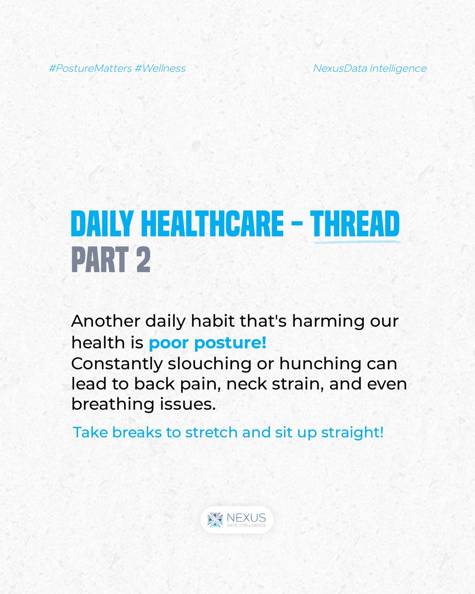 NDIntelligence's tweet image. Constant slouching & hunching can lead to:
Back pain
Neck strain
Breathing issues
Fatigue
Headaches
Break the habit! Take 5-minute breaks to:
Stretch your neck & shoulders
Sit up straight
Strengthen core muscles
Improve your posture, improve your life! #PostureMatters #Wellness