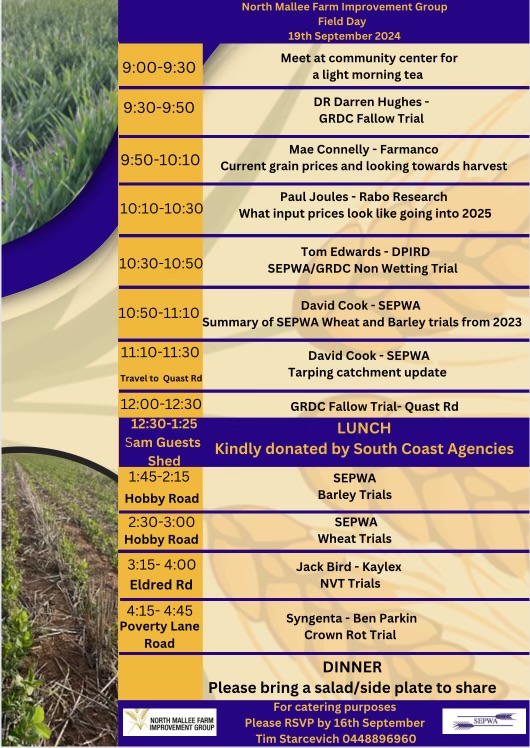 SEPWA_ag's tweet image. The North Mallee Farm Improvement Group Field Day is on tomorrow, Thursday September 19, at 9pm, starting at the community centre with a light morning tea.
On Friday, PASE are holding a Sundowner at Lucky Bay Brewery at 4pm. RSVP by Wednesday September 18 to admin@pase.org.au