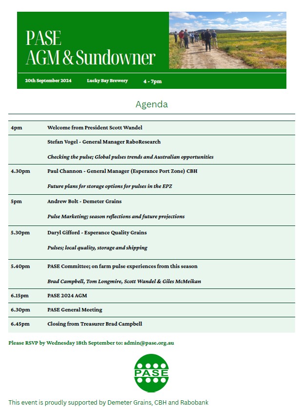 SEPWA_ag's tweet image. The North Mallee Farm Improvement Group Field Day is on tomorrow, Thursday September 19, at 9pm, starting at the community centre with a light morning tea.
On Friday, PASE are holding a Sundowner at Lucky Bay Brewery at 4pm. RSVP by Wednesday September 18 to admin@pase.org.au