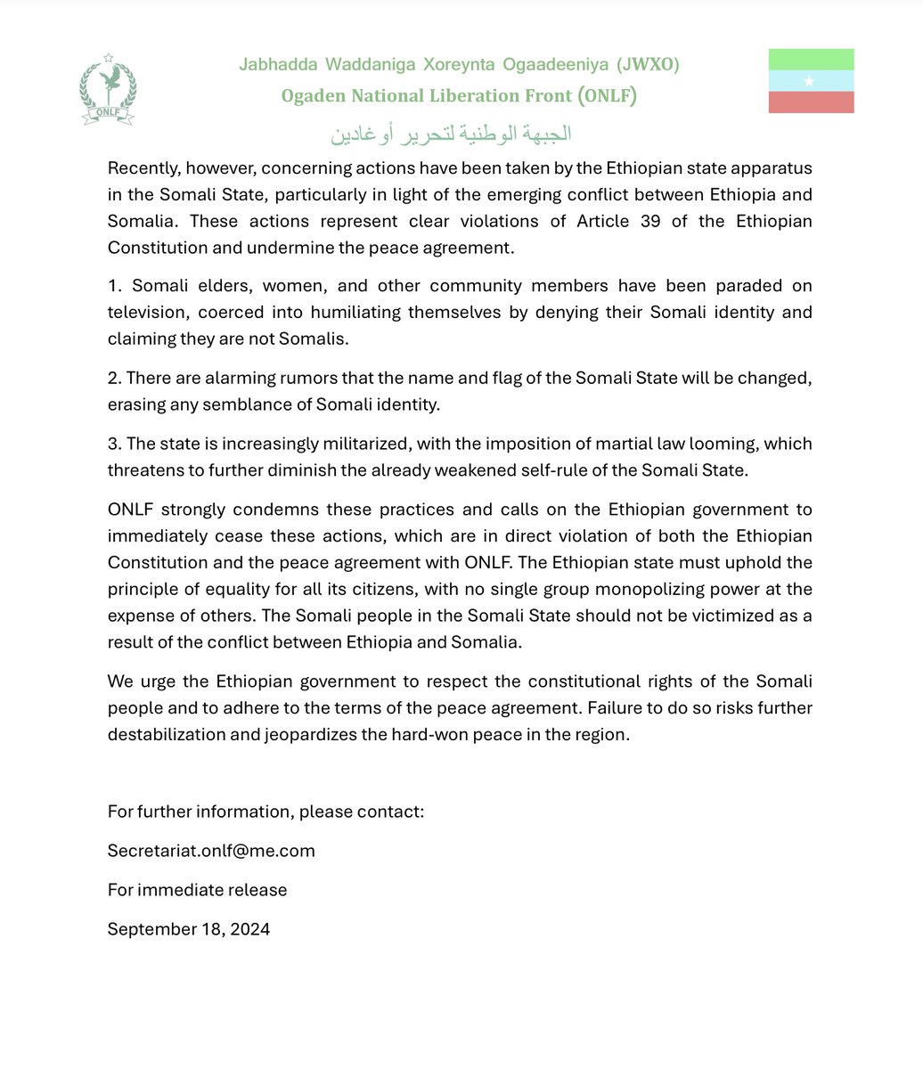 ONLF (@onlfofficial) on Twitter photo #ONLF Press Release regarding the worsening situation in the #SomaliState (Ogaden).
<a href="/VOAAfrica/">VOA Africa</a> <a href="/BBCBreaking/">BBC Breaking News</a> <a href="/dwnews/">DW News</a> <a href="/AJENews/">Al Jazeera Breaking News</a> <a href="/addisstandard/">Addis Standard</a> <a href="/TheReporterET/">The Reporter</a> <a href="/TheAfricaReport/">The Africa Report</a> <a href="/UNPOintl/">Unrepresented Nations and Peoples Organization</a> <a href="/UNHumanRights/">UN Human Rights</a> <a href="/amnesty/">Amnesty International</a> #ONLF Press Release regarding the worsening situation in the #SomaliState (Ogaden).
<a href="/VOAAfrica/">VOA Africa</a> <a href="/BBCBreaking/">BBC Breaking News</a> <a href="/dwnews/">DW News</a> <a href="/AJENews/">Al Jazeera Breaking News</a> <a href="/addisstandard/">Addis Standard</a> <a href="/TheReporterET/">The Reporter</a> <a href="/TheAfricaReport/">The Africa Report</a> <a href="/UNPOintl/">Unrepresented Nations and Peoples Organization</a> <a href="/UNHumanRights/">UN Human Rights</a> <a href="/amnesty/">Amnesty International</a>