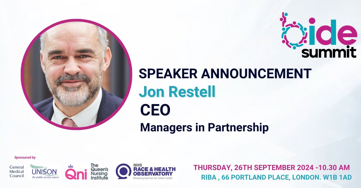 Speaker announcement for our B.I.D.E Summit on achieving tangible change in the workplace.

<a href="/Jon_Restell/">Jon Restell</a> of <a href="/MiPhealth/">MiP</a> 

Hear our amazing line up of industry experts speak.

Join us at 10.30am on Thursday, 26th Sep.

Get your free space bamehscawards.org/workforce-summ…

#BIDESummit24