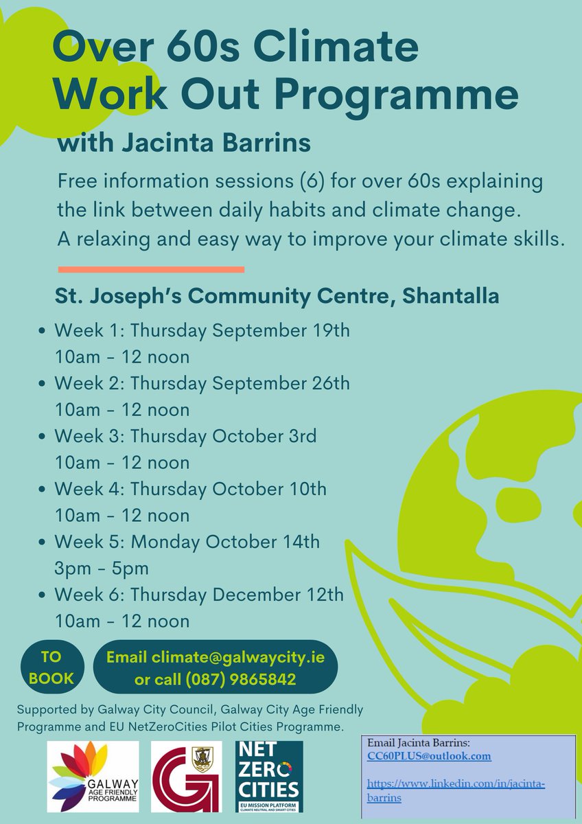 WarmHomeHub's tweet photo. A free 6-week course on climate action for Over 60s is taking place in St. Joseph's Community Centre, Shantalla, starting tomorrow! Led by Jacinta Barrins, with support from Galway City Age Friendly Programme and Galway City NetZeroCities Project,
Limited space! https://t.co/5wP0VprEH4
