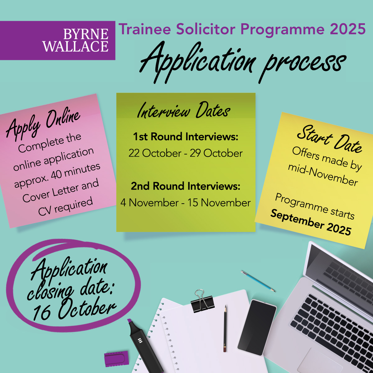 BWSLaw's tweet photo. @ByrneWallace LLP is now accepting applications for our Trainee Solicitor Programme.

Closing date for application is Wednesday, 16 October. Visit our website for more details and to apply – https://t.co/raniwjDPMC

#careersinlaw https://t.co/xstKrRsRKB