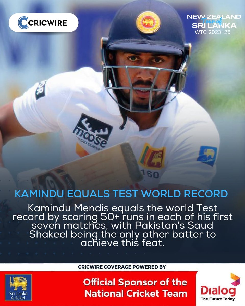 AzzamAmeen's tweet photo. ⚠️ Kamindu Mendis equals a World Test record by scoring 50+ runs in each of his first seven matches, with Pakistan's Saud Shakeel being the only other batter to achieve this feat 🏏🇱🇰 https://t.co/1tMaO1XsTj