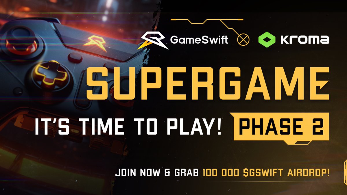 GameSwift_io's tweet image. Kick off Phase 2 of SuperGame with Kroma!

Phase 1 laid the groundwork. Now it’s your turn to take it to the next level! 👊

Take on quests via @IntractCampaign, mint your GameSwift NFT, and claim your piece of a 100,000 $GSWIFT airdrop.

Join Now: bit.ly/4cZRGcd