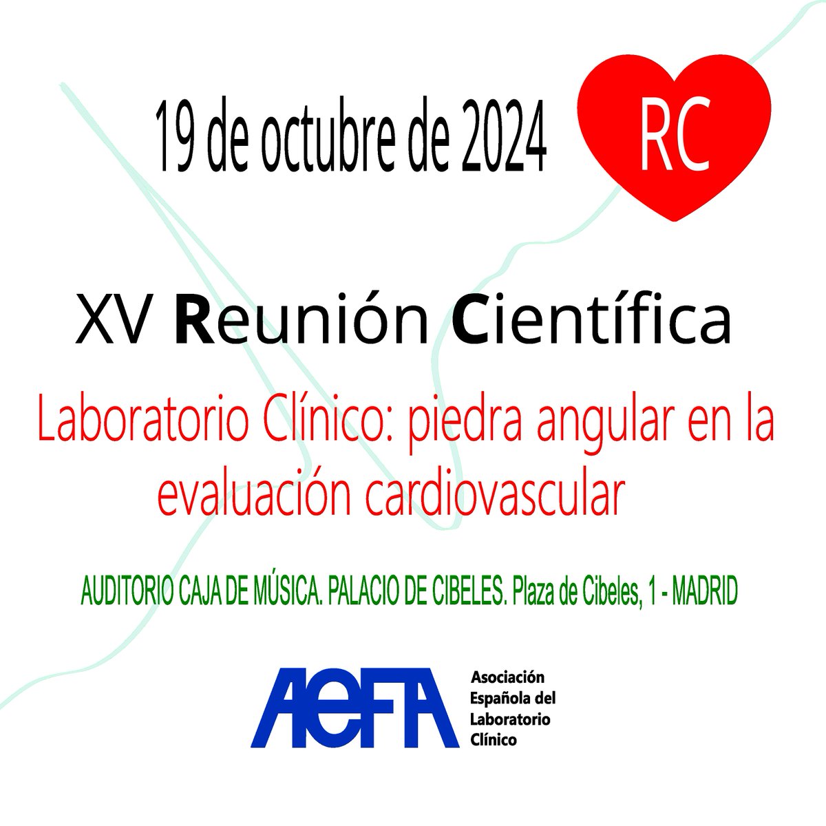 No te pierdas la oportunidad de asistir a la XV  Reunión Científica AEFA 2024.

📅 19 octubre de 2024
🏤 Presencial. Auditorio Caja de Música. Palacio de Cibeles. Plaza de Cibeles, 1 Madrid
🕜 8:45 a 14:10 horas

🔗 Enlace a la información: tienda.aefa.es/producto/reuni…

¡¡Anímate!!