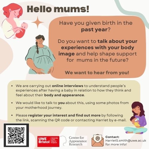 Appearance Research (@car_uwe) on Twitter photo ✨ NEW STUDY ✨ Are you a mum in the #UK who has given birth in the past year & would like to talk about your post-partum body? #WomensHealth
Please register your interest using the link below or contact: ✉️ Harriet5.smith@uwe.ac.uk for more info!
↪️bit.ly/PostPartumBody… ✨ NEW STUDY ✨ Are you a mum in the #UK who has given birth in the past year & would like to talk about your post-partum body? #WomensHealth
Please register your interest using the link below or contact: ✉️ Harriet5.smith@uwe.ac.uk for more info!
↪️bit.ly/PostPartumBody…