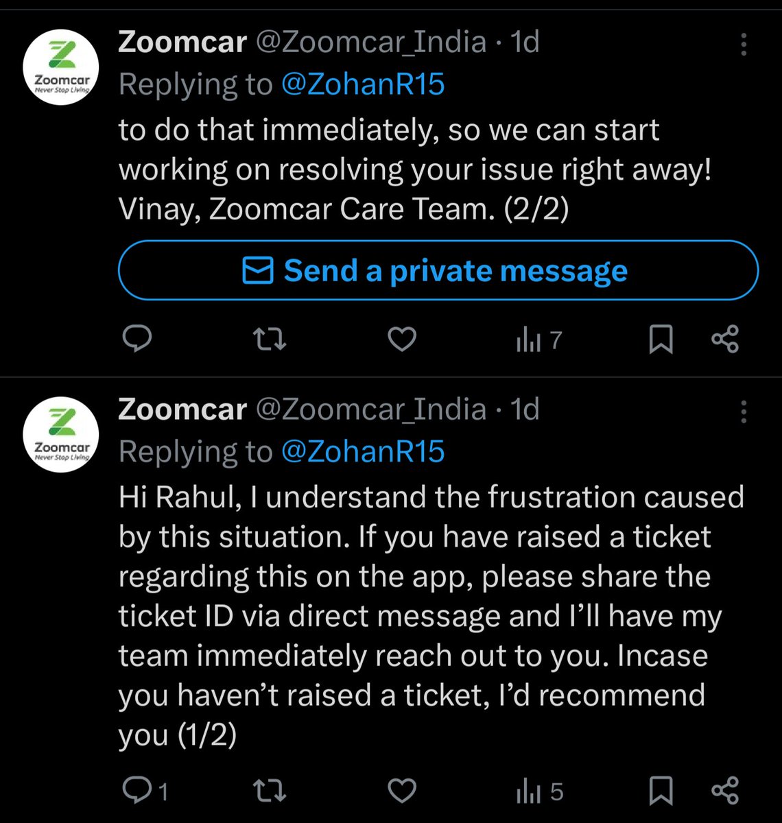 ZohanR15's tweet photo. @Zoomcar_India Still waiting for the support team. I already sent all the info in the DM and also emailed to help@zoomcar.com https://t.co/qUSAfsgZpO