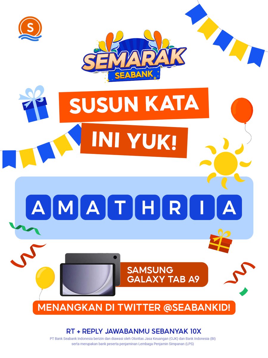 SeaBankID's tweet image. SUSUN KATA INI YUK! 💬💯

Kira-kira ini jadi kata apa ya Sobat SeaBank? Coba RT + REPLY JAWABANMU SEBANYAK 10X! 🔔