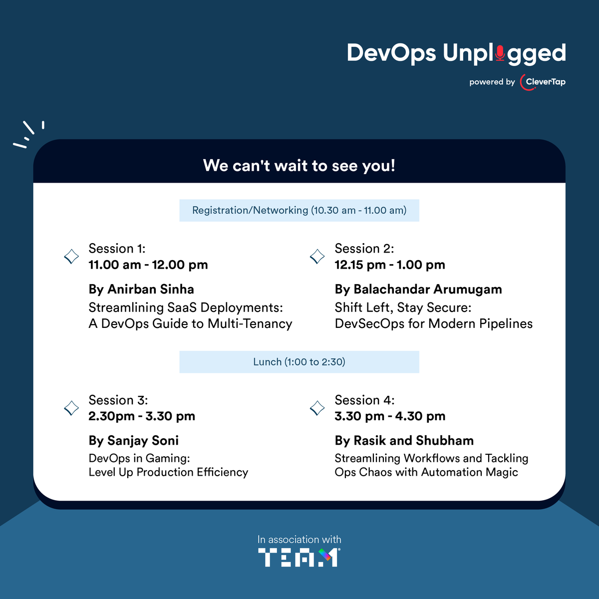 CleverTap's tweet photo. #DevOpsUnplugged, in association with @mumbai_tech_, is almost here! 🗓️ We’ve got a day packed with industry insights, innovation, &amp; a whole lot of excitement! 🚀 Meet our expert speakers &amp; navigate the agenda to dive into advanced #DevOps strategies: https://t.co/Aqo85n4bBR https://t.co/YtzQPCwBIN