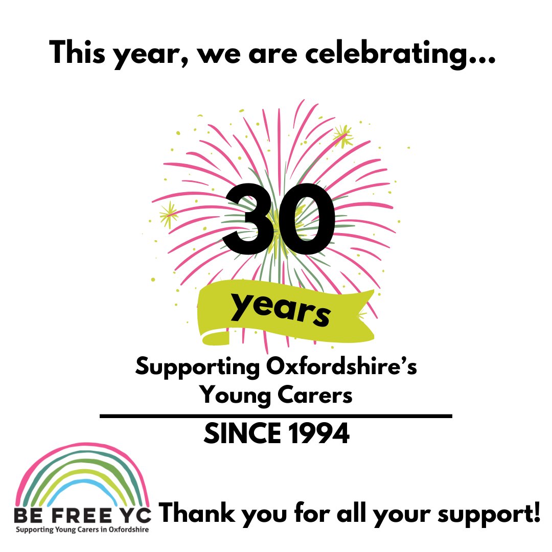 CELEBRATE WITH US!🙌🎆

Support our 30th Birthday Campaign! 🎉🌈🌟

Be Free YC is looking back on 30 years of our work supporting Young Carers in Oxfordshire. 

Join us enjoying memories &amp; celebrating new future developments! 

Find out more - LINK IN OUR BIO!