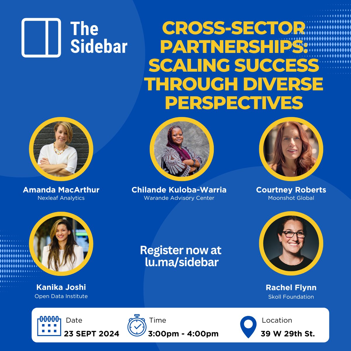How can we build cross-sector partnerships that address unique challenges organizations face? 🤔

Join our Founder, <a href="/chilandeh/">Chilande</a>, with top experts at #TheSidebar during #UNGA &amp; #ClimateWeekNYC for a dynamic talk on cross-sector partnerships.

💻 Register lu.ma/8wkvptor