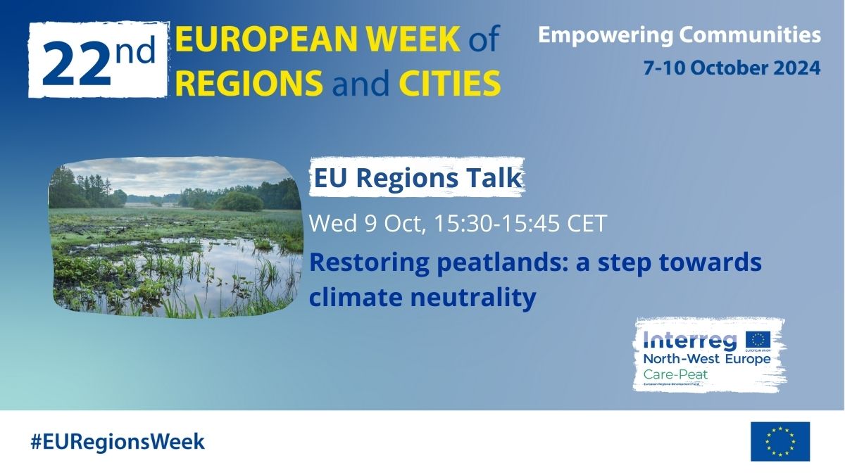Join us for the Care-Peat talk at #EURegionsWeek! Katrien Wijns will present how seven peatlands were restored and how the project’s capitalisation approach paves the way for future climate policies 🌱
 
Register before September 30 ! 
buff.ly/3MTLA28
