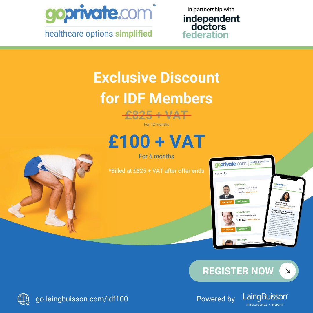 Go Private is offering IDF members an exclusive discount on their full consultants’ profiles. For just £17pm you can boost your online visibility and showcase your service to a wipe scope of patients at: eu1.hubs.ly/H0bHqcV0