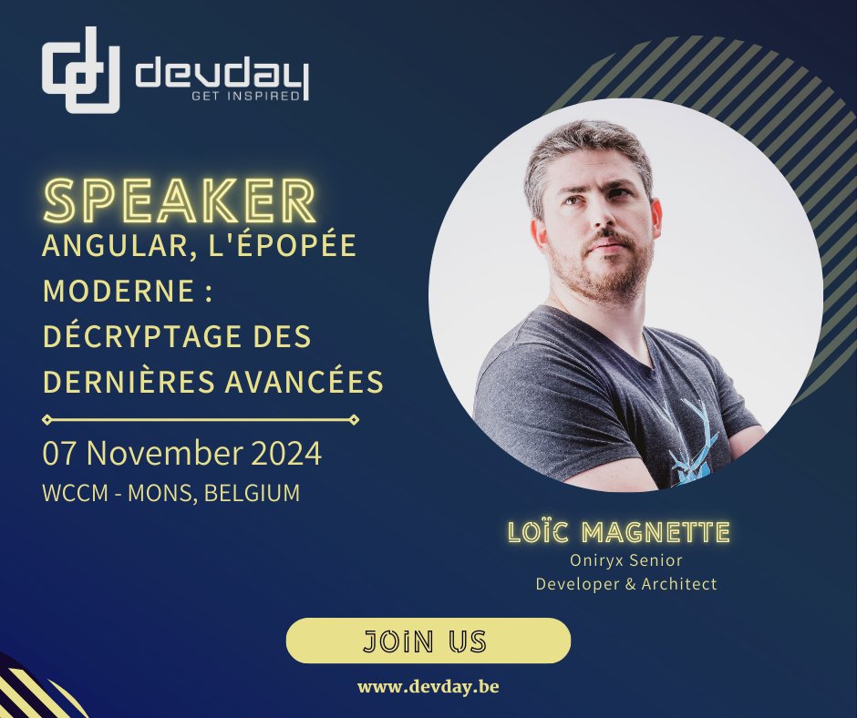 🚀 Découvrez les dernières avancées d'Angular avec Loïc Magnette à #DevDay2024 ! 🌐

Explorez la nouvelle syntaxe de contrôle de flux d'Angular 17, la synergie avec les Signals, et un aperçu d'Angular 18. Rejoignez-nous pour des démos live !

👉 devday.be/ticket
