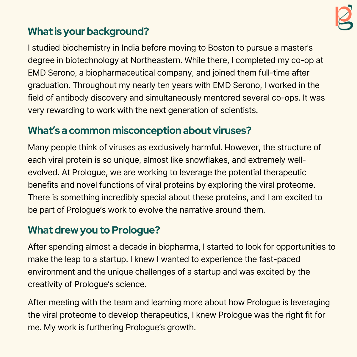 Prologue_Med's tweet photo. To kick off our #PeopleofPrologue series, we caught up with Shruti Pratapa, a senior scientist II. We spoke with her about why she decided to pursue a career in research, and what she wishes people understood about viruses. #LifeAtPrologue #WeAreHiring #JoinUs https://t.co/KOdnHdP11E