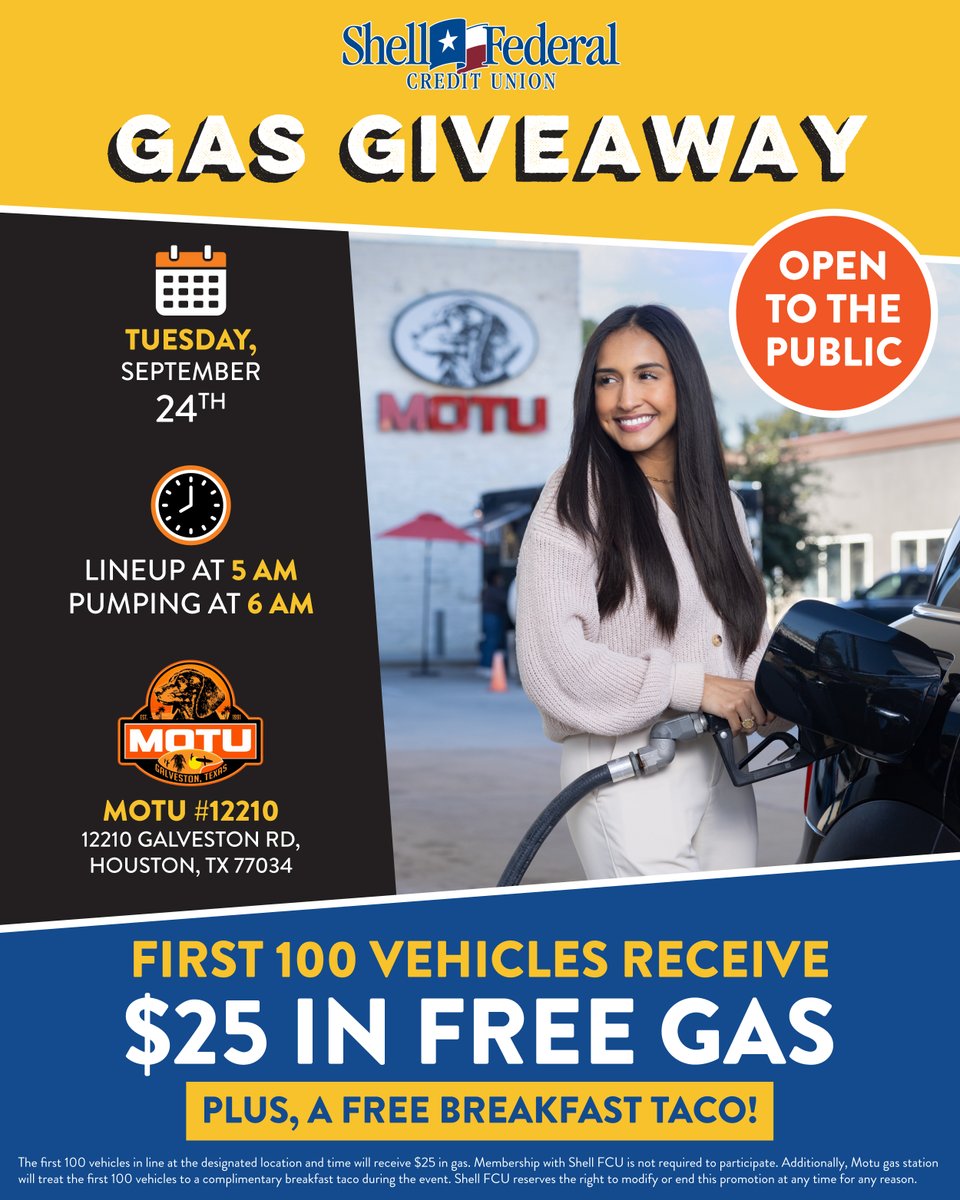 FREE GAS ANYONE? ⛽ We love giving back to y'all! We'll see you at the Motu gas station on Tuesday, September 24th.

📍 12210 Galveston Rd, Houston, TX 77034

See you there! 🤩

#ShellFCU #BuildingDreams