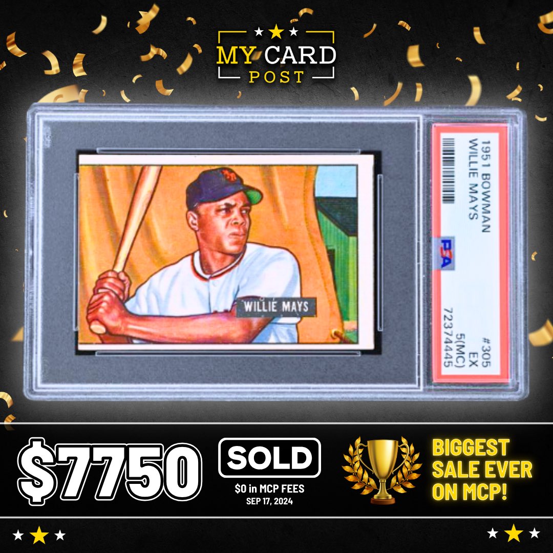 mycard_post's tweet photo. 🏆 New Sale Record!🏆
This 1951 Bowman Willie Mays sold yesterday for $7,750—our biggest sale to date on MCP! The seller walked away with 96.51% of the sale price after PayPal fees, with $0 in MCP fees.
No platform fees. Bigger deals. Everyone wins.
#mycardpost https://t.co/Ikfoz1g6uA