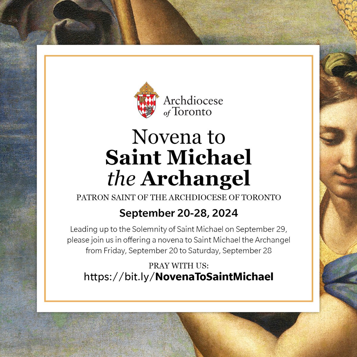 archtoronto's tweet image. Leading up to the Solemnity of Saint Michael, please join us in offering a novena to Saint Michael the Archangel from Friday, September 20 to Saturday, September 28. 

Pray with us: bit.ly/NovenaToSaintM… #catholicTO