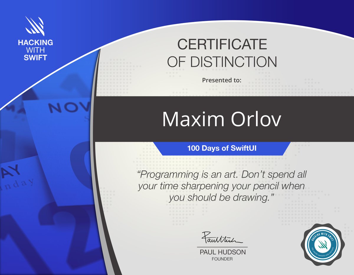 _maximization's tweet image. Completed #100DaysOfSwiftUI! 🎉 (with distinction 🥇)
Took just over a month, with some weekends off. Avg. 4 days/day and now confident building apps in SwiftUI
Thanks @twostraws for an amazing learning experience. As a teacher myself, I even learned some teaching techniques!