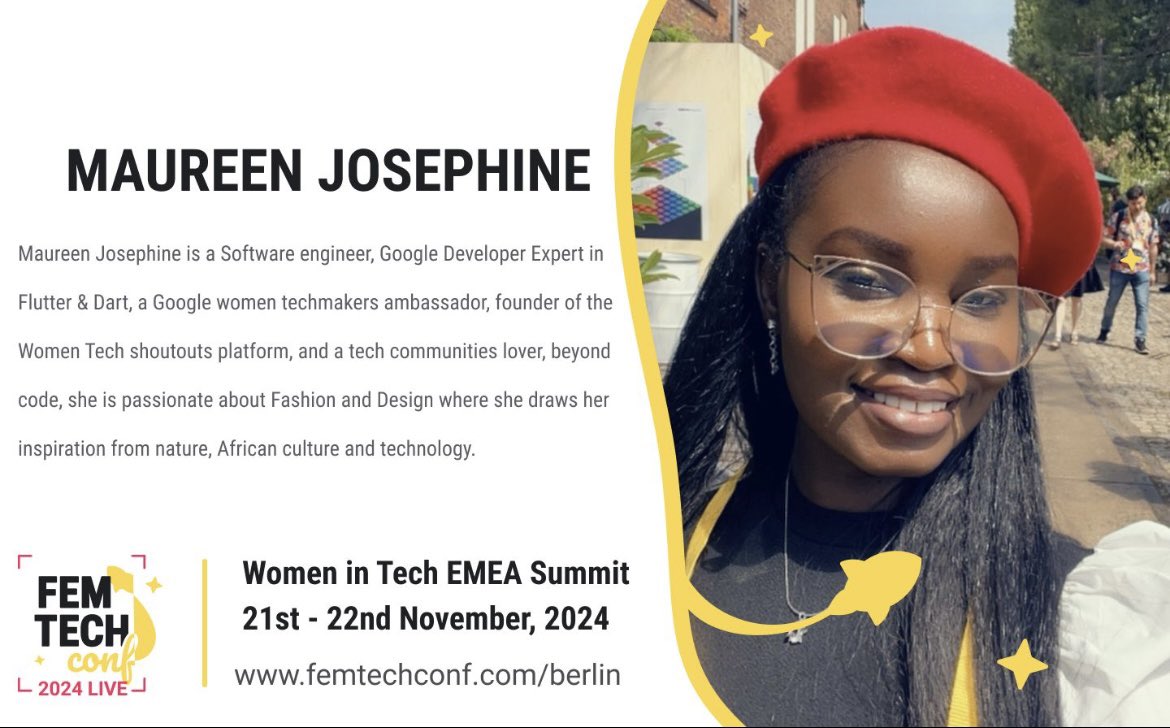 J_Akello's tweet image. 🥳🥳 Super excited. I will be speaking at #FemTechConf WomenInTech EMEA Summit in Berlin🇩🇪.

Can’t believe am in the same speaker lineup with amazing #WomenInTech am looking upto in the tech space 💪🏾☺️☺️