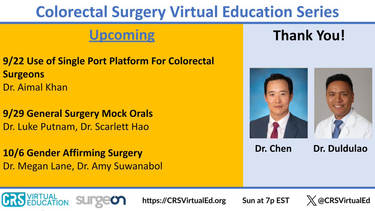 Thank you to Dr. Chen and Dr. Duldulao for being our CRS mock orals examiners last week! 

Miss the session?  📹here: youtu.be/Y3-p8NRLqzk

👀 Coming Up:
~9/22 SP Platform for CRS
~9/29 Gen Surg Mock Orals forms.gle/sjuzB975jc34ir…
~10/6 Gender Affirming Surgery

#CRSVE #MedEd