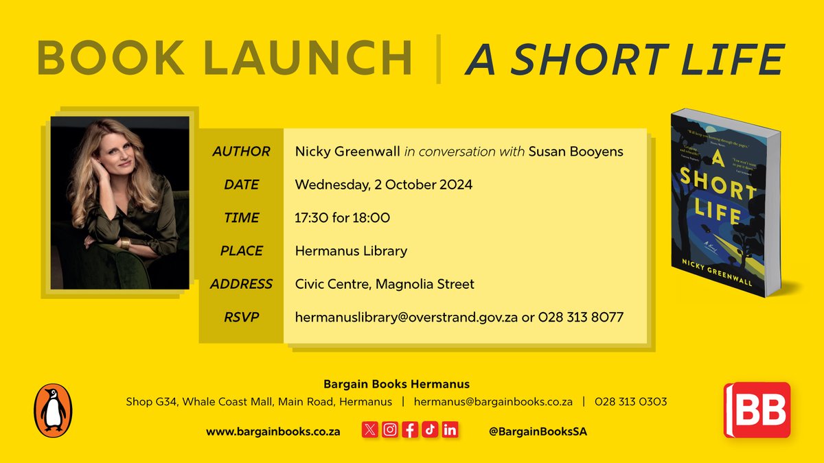 Join us for a book launch with <a href="/nickygreenwall/">Nicky Greenwall</a> at Hermanus Library!

You can purchase her book, get it signed by Nicky and enjoy a discussion hosted by Susan Booyens.

A Short Life by Nicky Greenwall: R300

Event Link: tinyurl.com/j3s2bmec

<a href="/PenguinBooksSA/">@PenguinBooksSA</a>