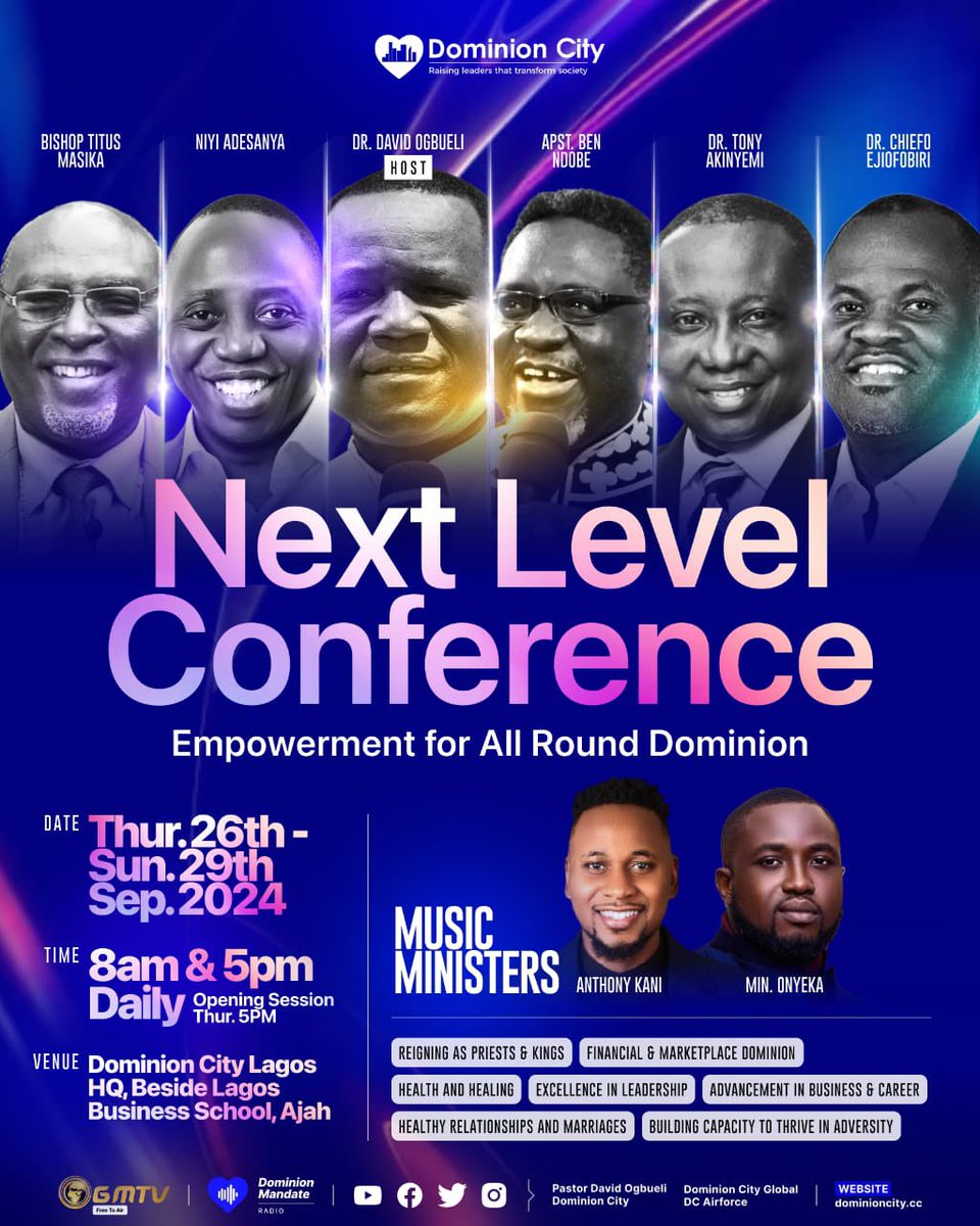 dominioncitylag's tweet image. The next level conference is now open to everyone, spread the news and don’t miss it.

Date: Sept 26th - 29th 2024
Time: 8am/5pm Daily

#DominionCity #NextLevelConference #NLC24 #Anticipate