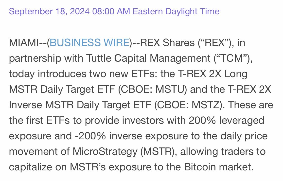 Launching today from REX Shares & Tuttle Capital… The first 2X leveraged & inverse  MicroStrategy ETFs. Defiance ETFs launched a 1.75X leveraged MSTR ETF last  month that already has $200mil in assets.