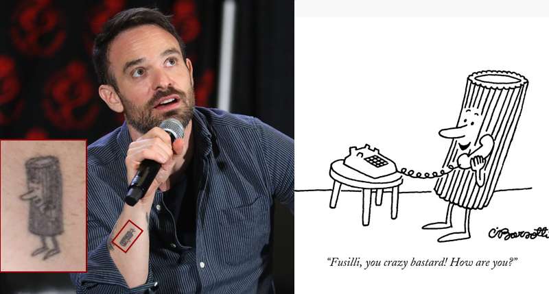Charlie's latest tattoo is from a Charles Barsotti cartoon in The New Yorker Magazine. I believe it's been updated with a cellphone! 😊

#CharlieCox