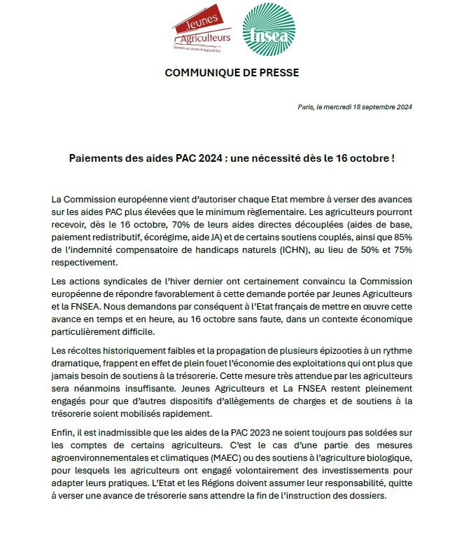 [#CP] Paiements des aides PAC 2024 : une nécessité dès le 16 octobre !

Notre CP commun <a href="/FNSEA/">La FNSEA</a> 👇
url-r.fr/CQcYD