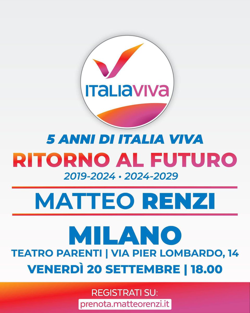 Ci vediamo venerdì alle 18 al Teatro Parenti di Milano per festeggiare con <a href="/matteorenzi/">Matteo Renzi</a> i 5 anni di <a href="/ItaliaViva/">Italia Viva</a>! 

👉🏼 qui al link per registrarsi: matteorenzi.it/prenotazione_e…