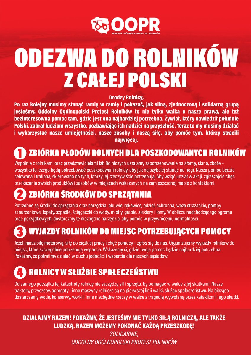 Rolnicy od pierwszych chwil są na miejscu i działają. 
Niestety obecność tam uzmysławia nam w jak tragicznym położeniu znaleźli się mieszkańcy dotknięci powodzią. 
Potrzeby są ogromne więc wszystkie ręce na pokład: